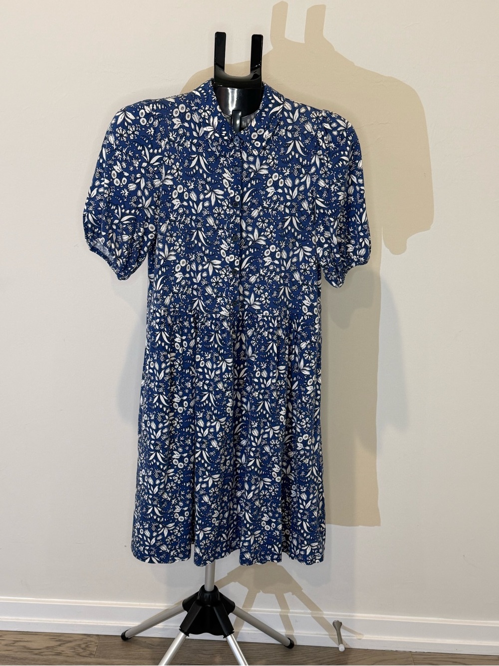Boden Navy and White Floral Button-Front Midi Dress